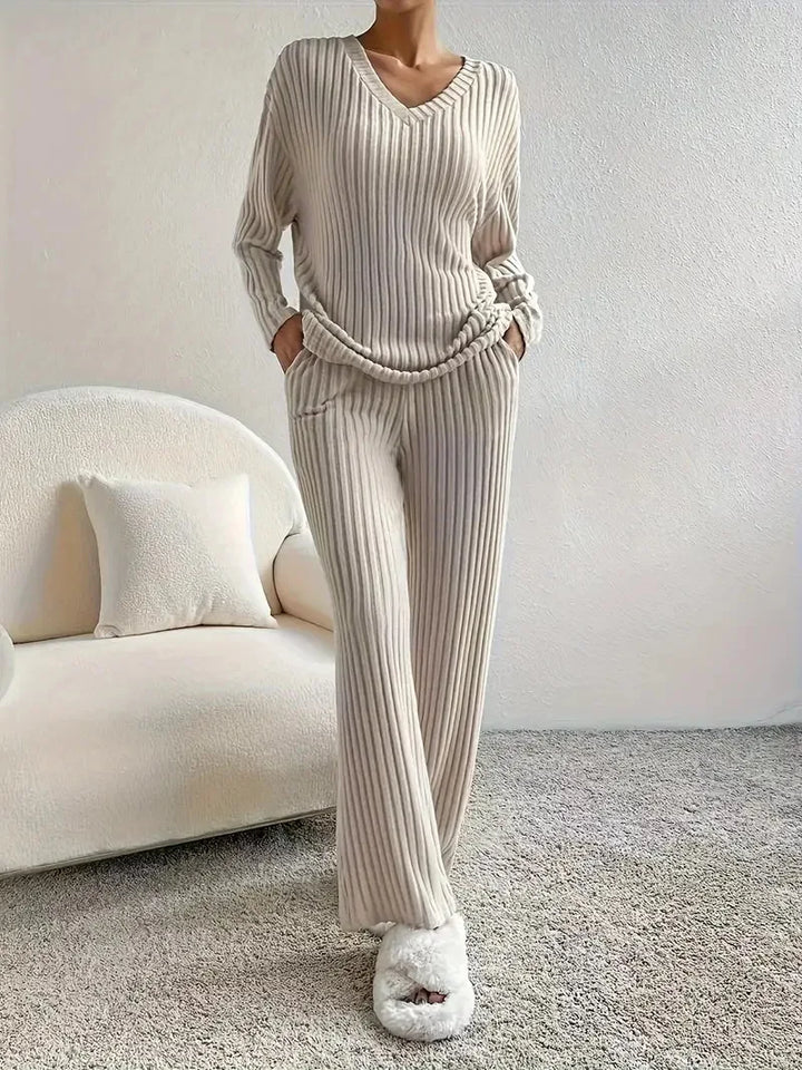 Ribbed Knit V-Neck Loungewear Set