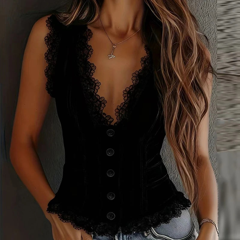 Deep V-Neck Lace Sleeveless Vest - view 5
