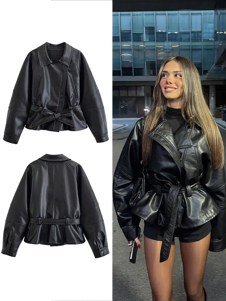 Belted Faux Leather Moto Jacket
