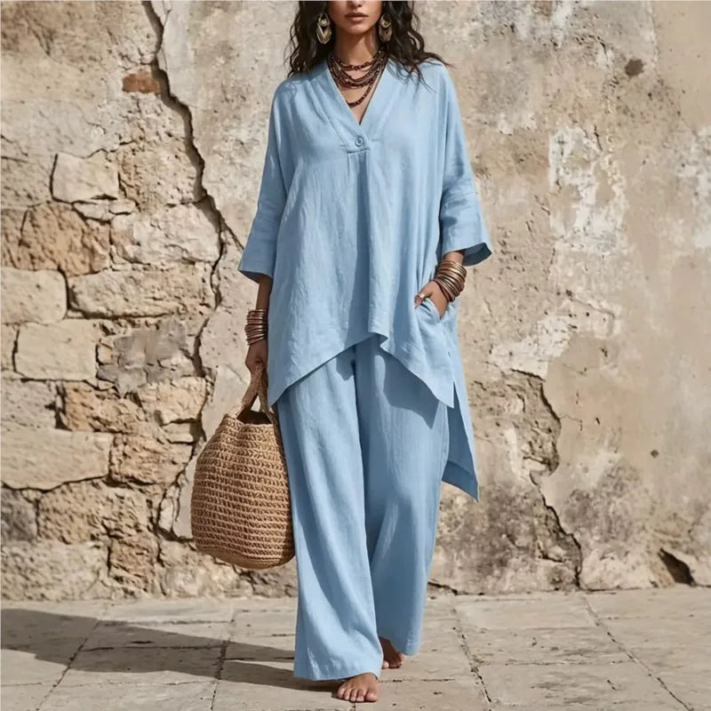 V-Neck Button Top & Wide-Leg Pants Set