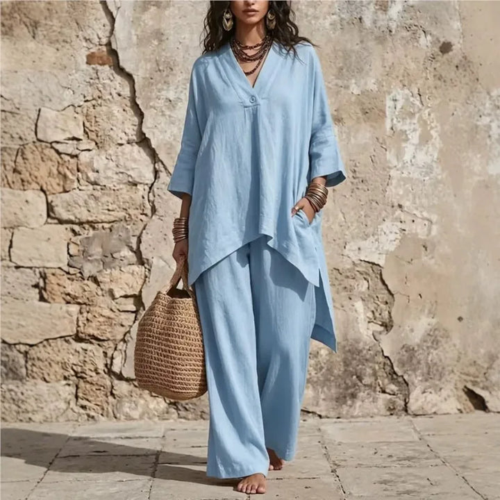 V-Neck Button Top & Wide-Leg Pants Set