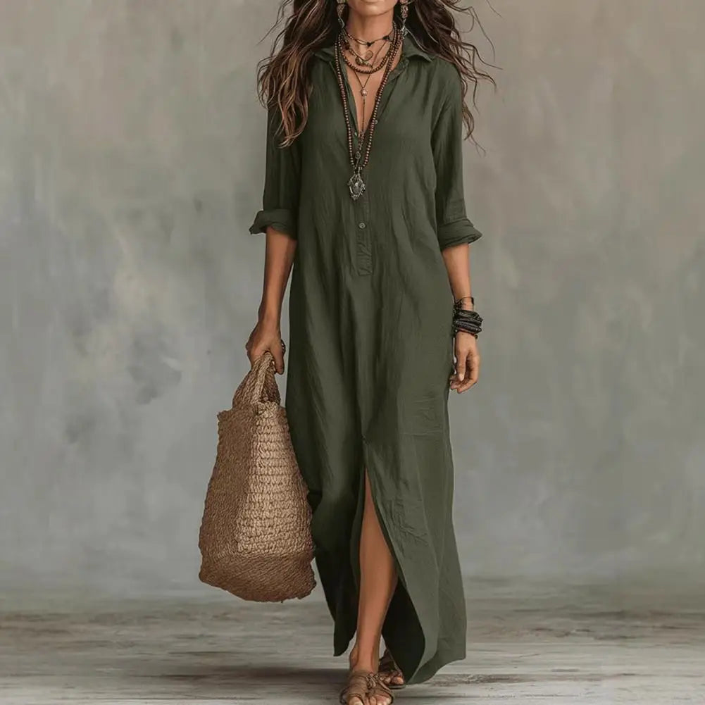 Long-Sleeve Button Maxi Shirt Dress - view 2