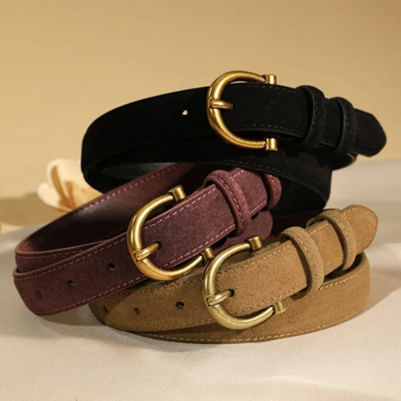 Suede Gold-Buckle Leather Belt