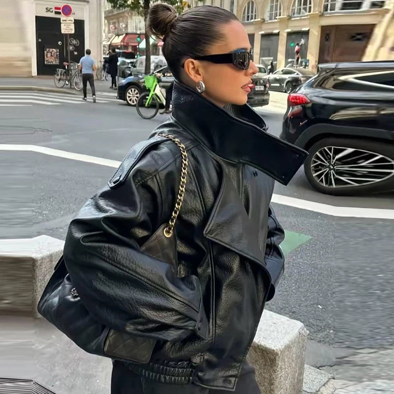 Cropped Faux Leather Bomber Jacket - view 3