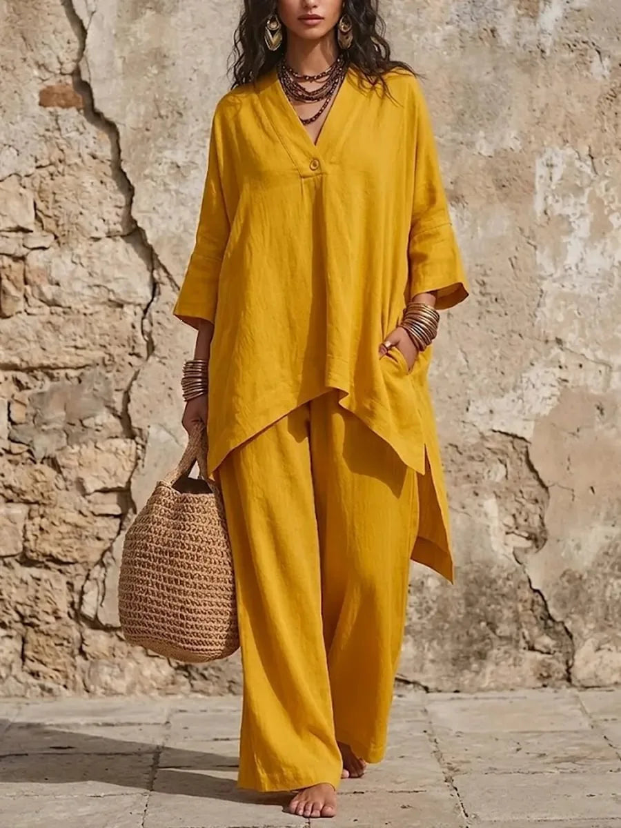 V-Neck Button Top & Wide-Leg Pants Set - view 7