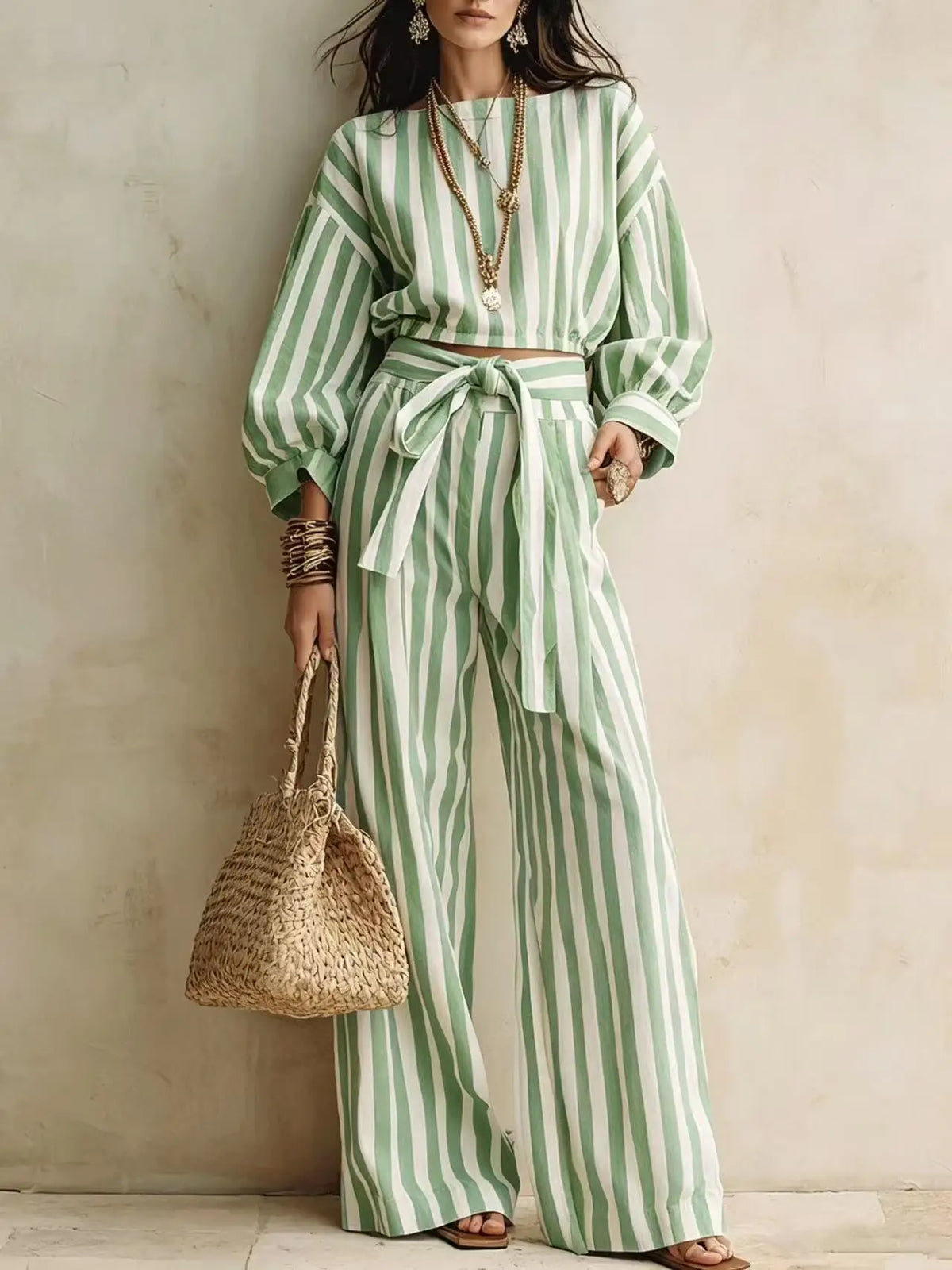 Striped Crop Top & Lace-Up Trousers Set - view 9