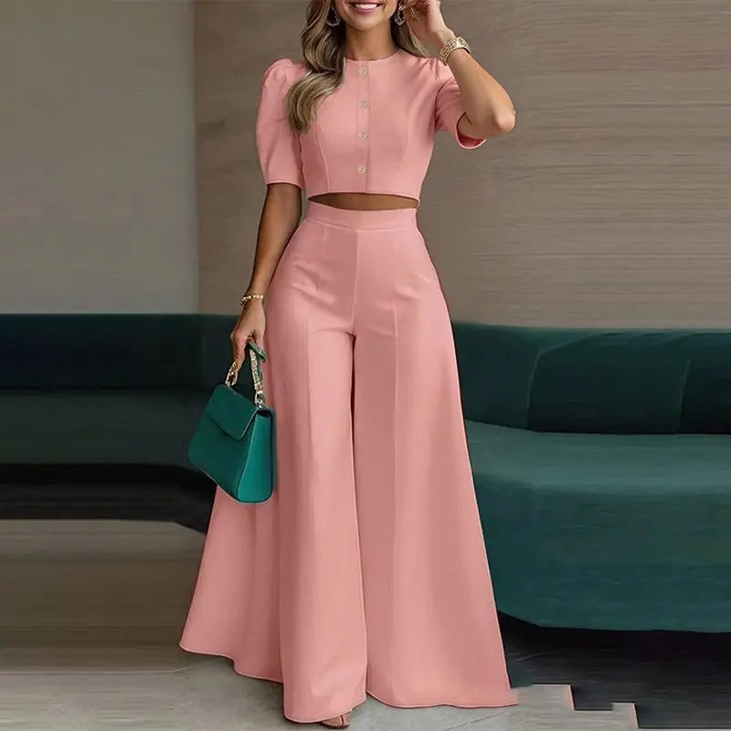 Puff-Sleeve Crop Top & Wide-Leg Pants Set