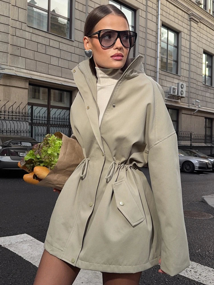 Lace-Up Stand-Collar Trench Jacket