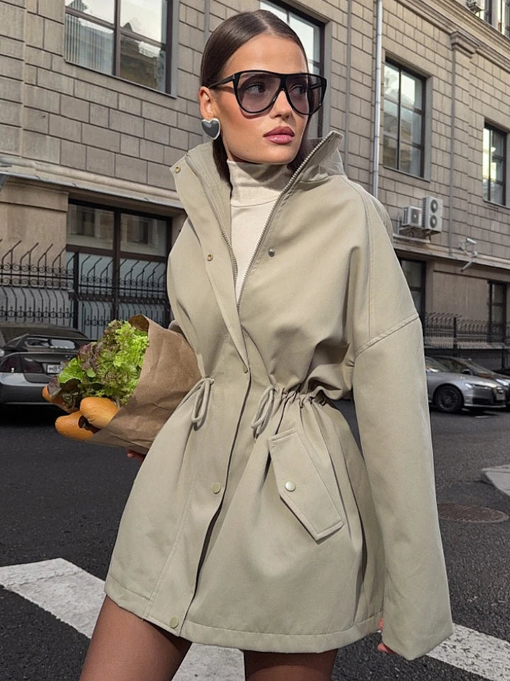 Lace-Up Stand-Collar Trench Jacket