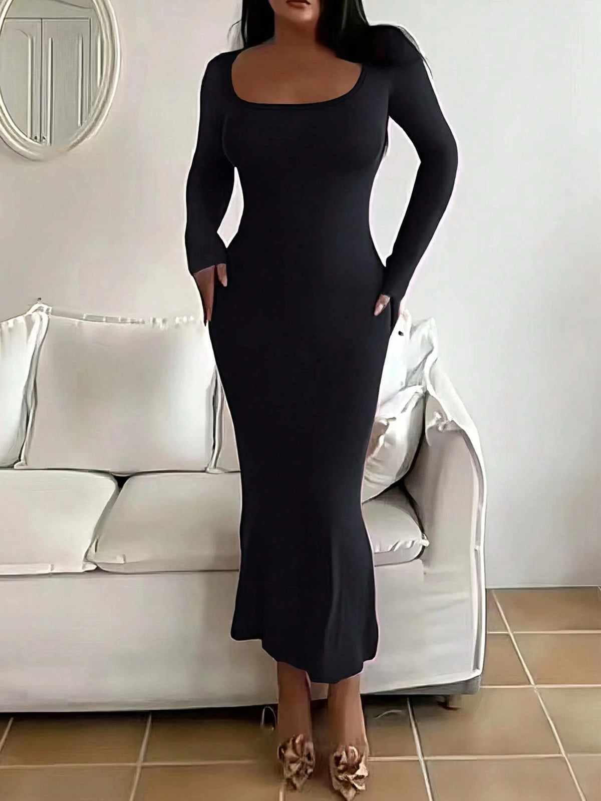 Long Sleeve Square-Neck Bodycon Dress - view 3