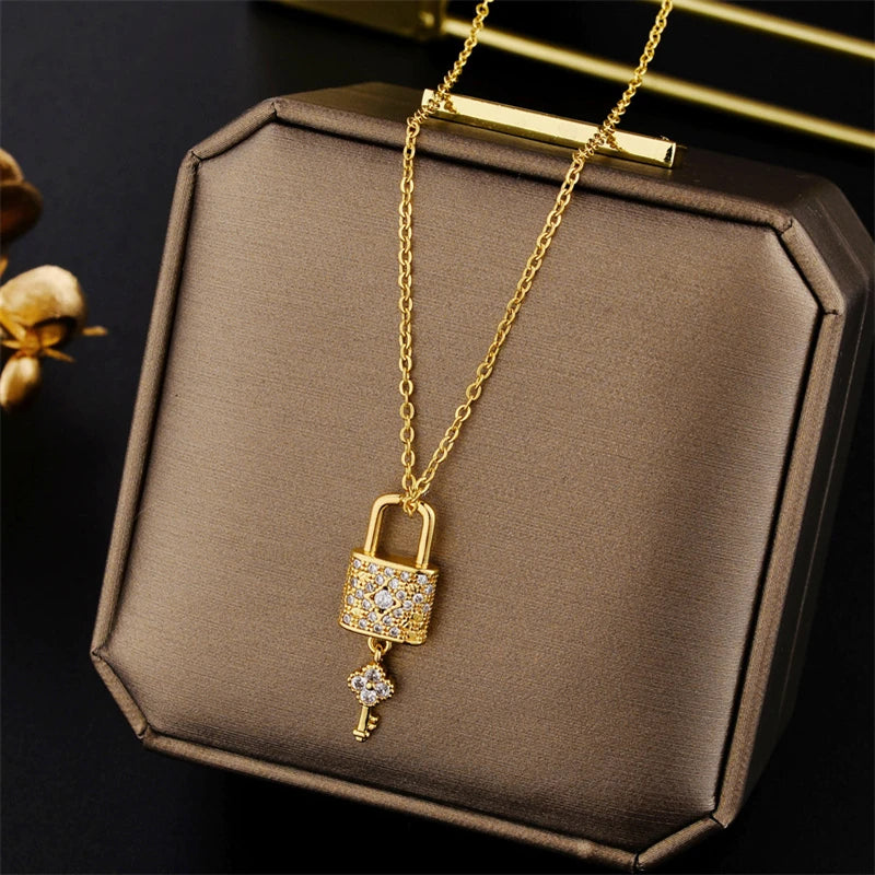 Zircon Lock & Key Pendant Necklace