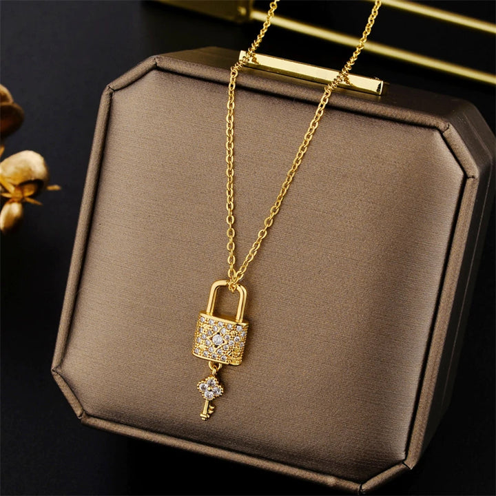 Zircon Lock & Key Pendant Necklace