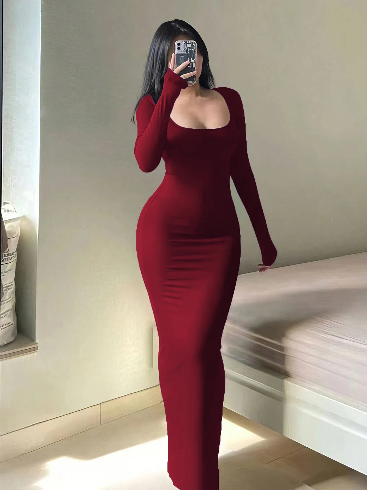 Long Sleeve Square-Neck Bodycon Dress - view 9