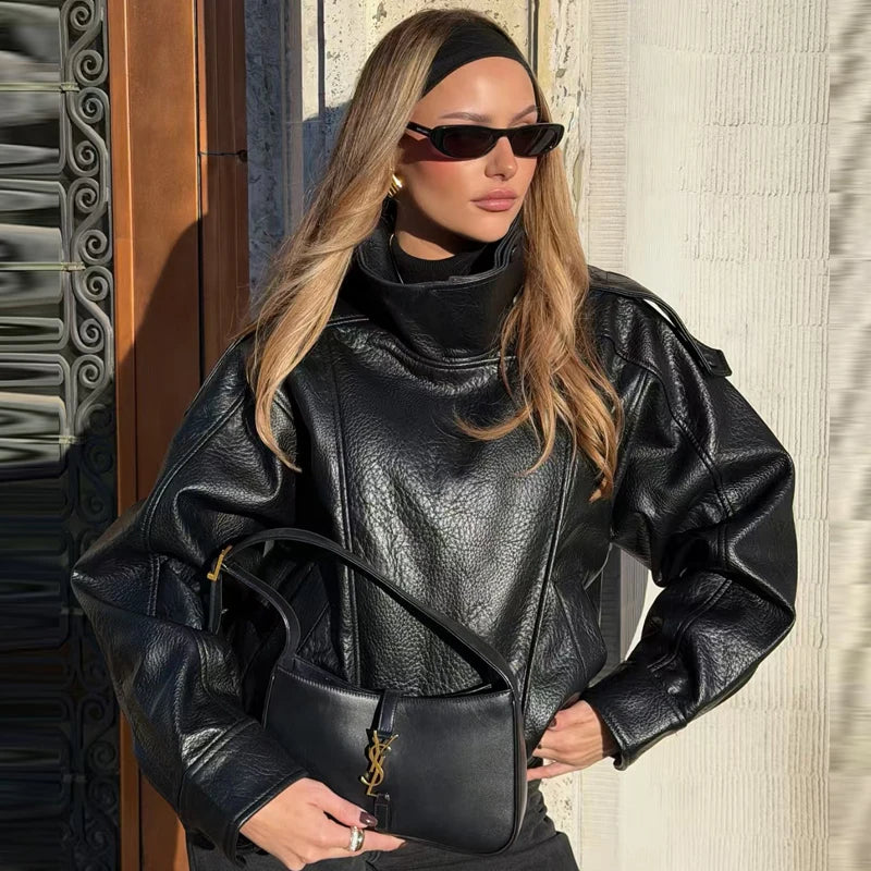 Cropped Faux Leather Bomber Jacket - view 4