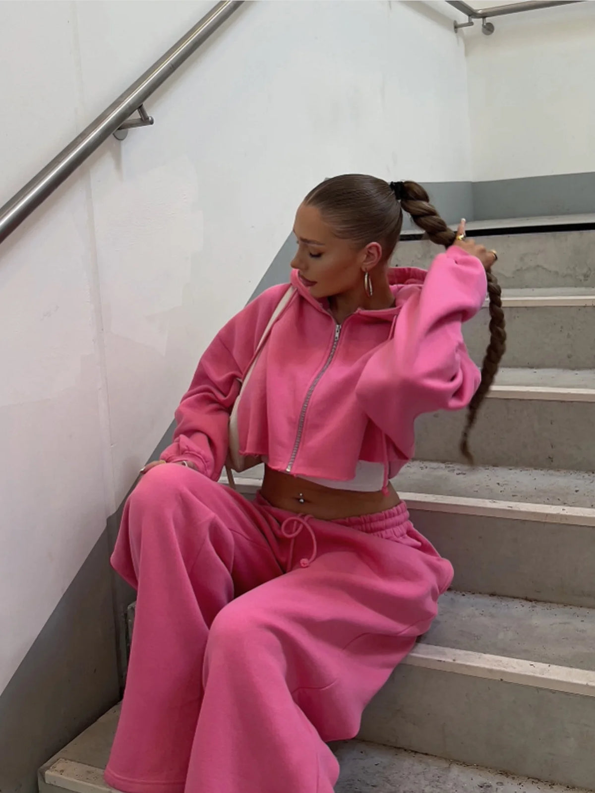 Hooded Zip-Up Cropped Sweatshirt Set - view 4