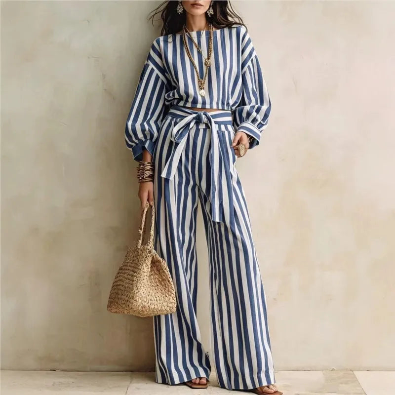 Striped Crop Top & Lace-Up Trousers Set - view 4