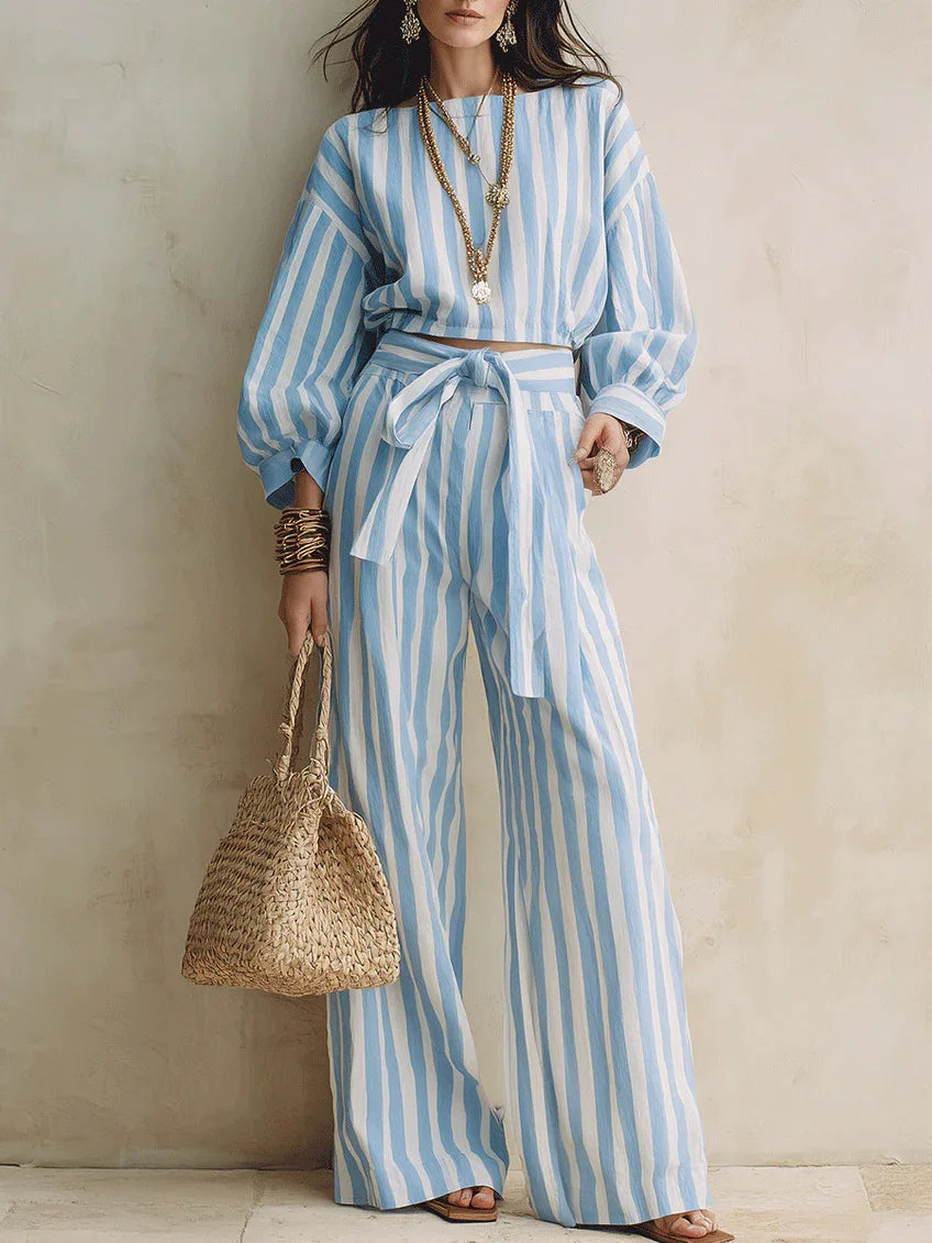 Striped Crop Top & Lace-Up Trousers Set - view 10