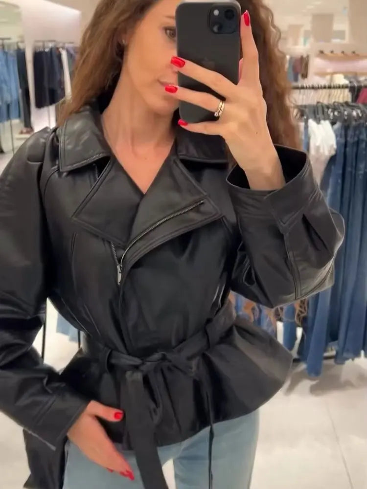 Belted Faux Leather Moto Jacket - view 5