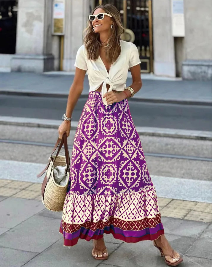 Printed Boho Swing Midi Skirt - view 7