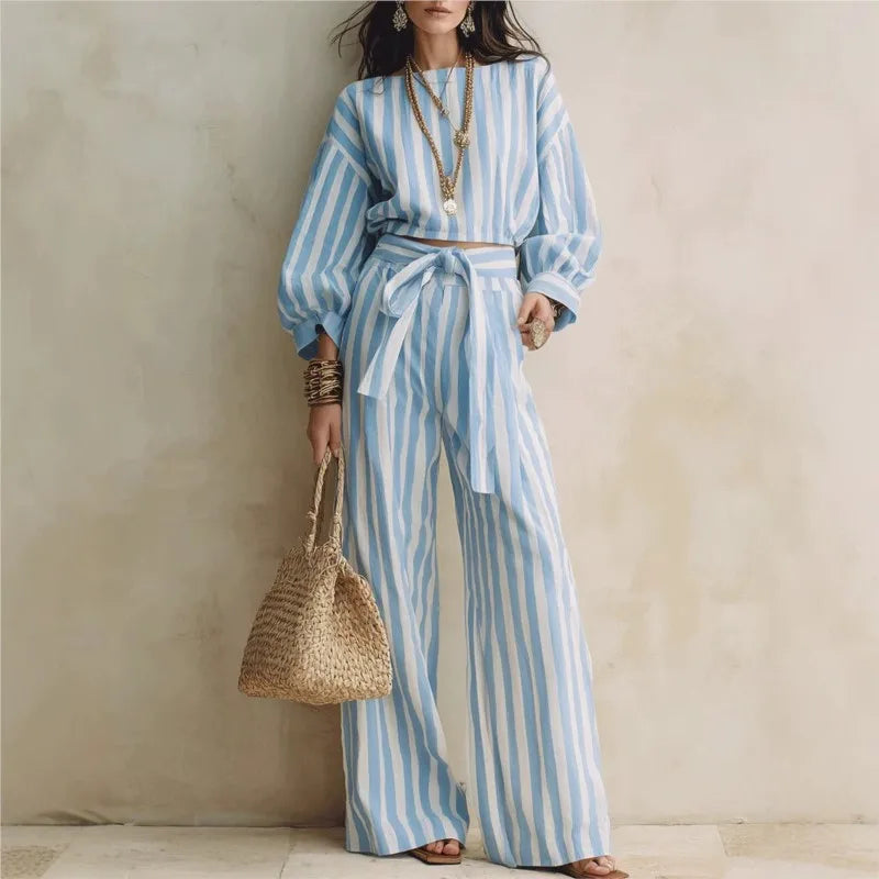Striped Crop Top & Lace-Up Trousers Set - view 2