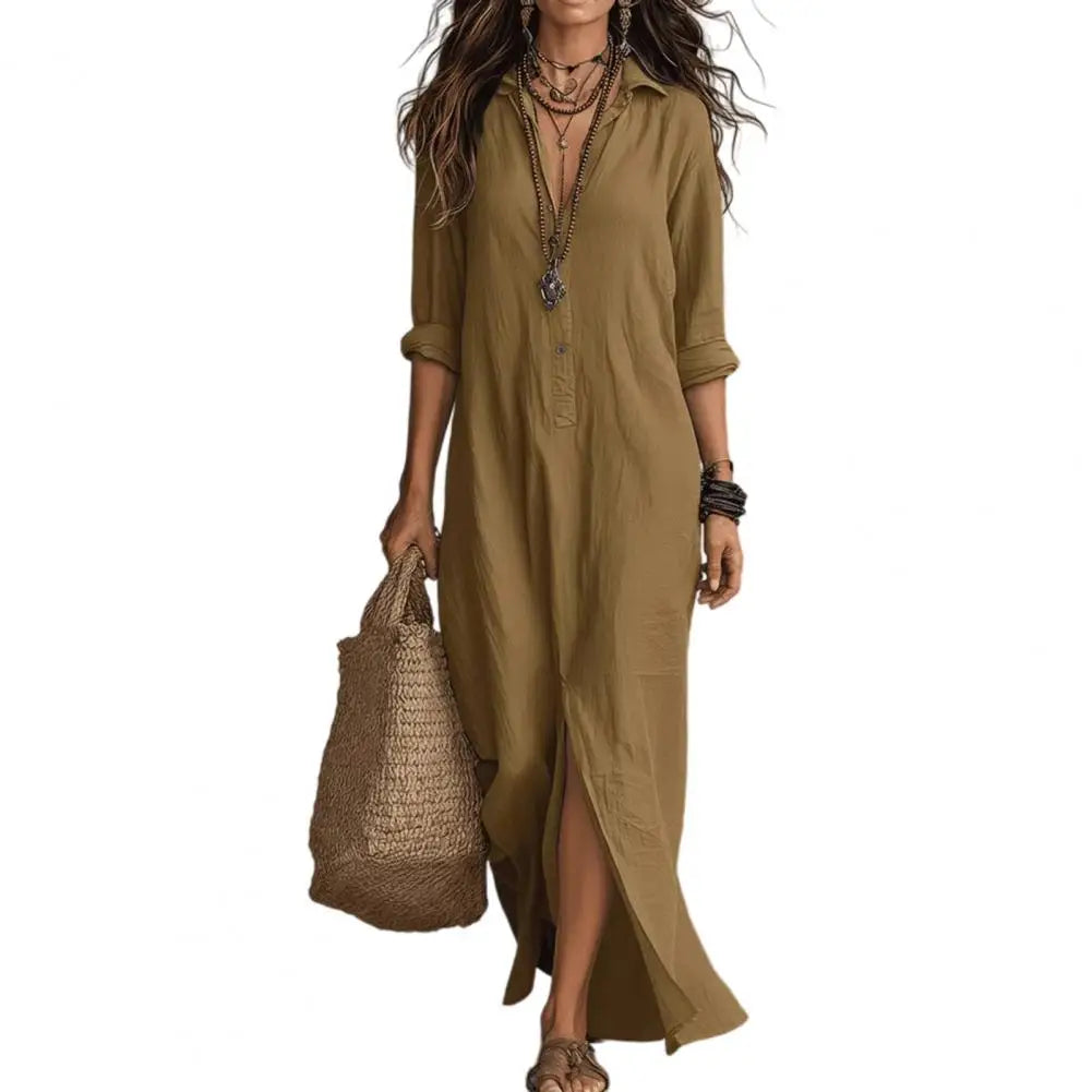Long-Sleeve Button Maxi Shirt Dress - view 7