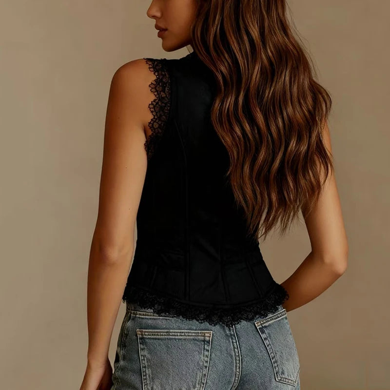 Deep V-Neck Lace Sleeveless Vest - view 4