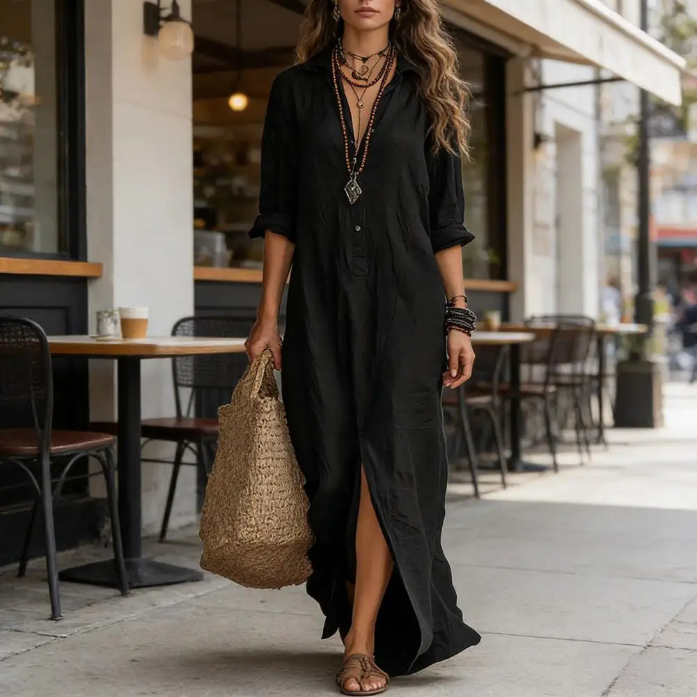 Long-Sleeve Button Maxi Shirt Dress - view 3