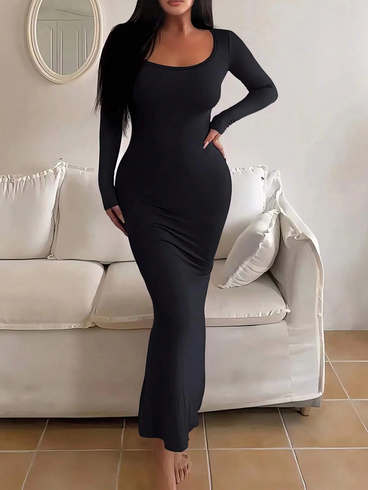Long Sleeve Square-Neck Bodycon Dress - view 4