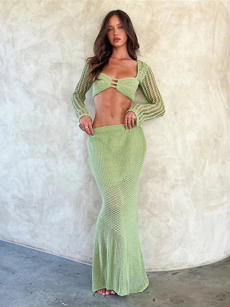 Crochet Knit Two-Piece Skirt Set