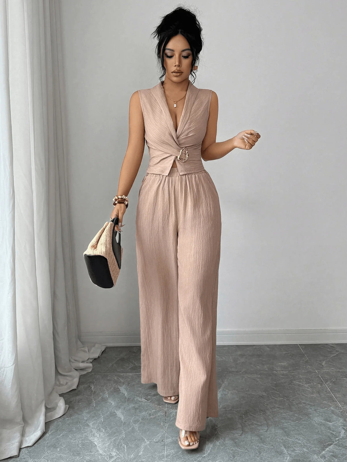 Wrap-Front Crop Top & Wide-Leg Pants Set - view 3