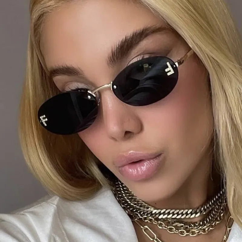 Rimless Diamond-Cut Oval Sunglasses