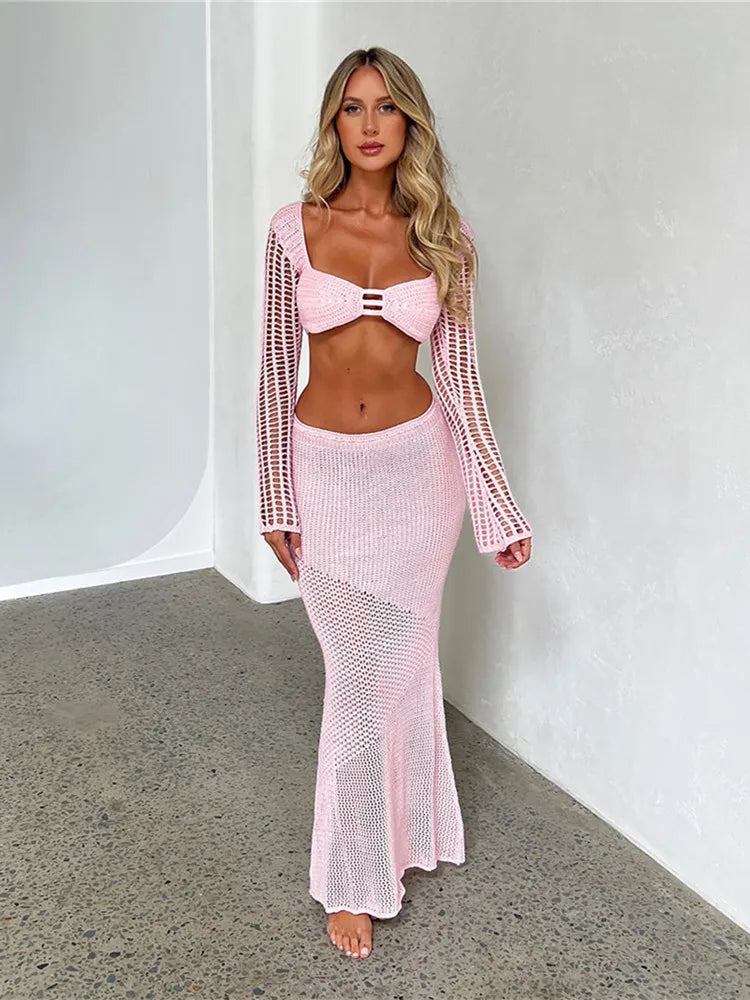 Crochet Knit Two-Piece Skirt Set - view 7