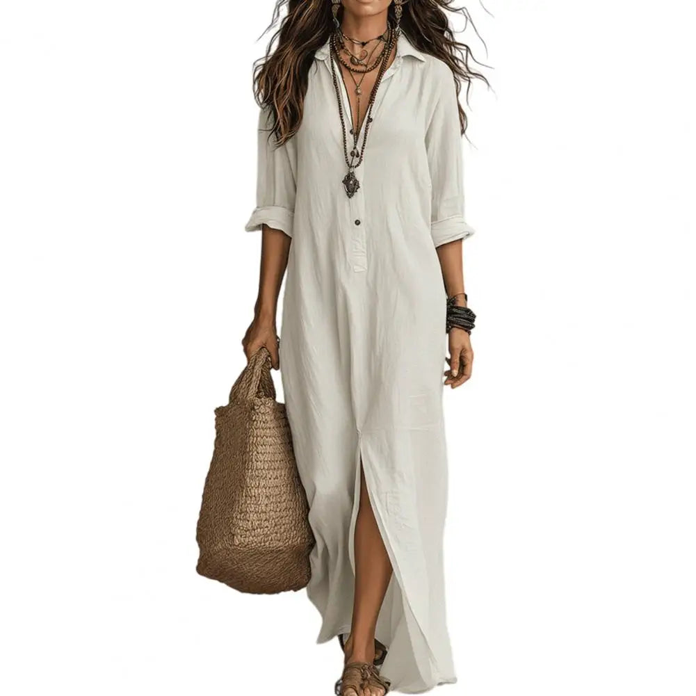 Long-Sleeve Button Maxi Shirt Dress - view 9
