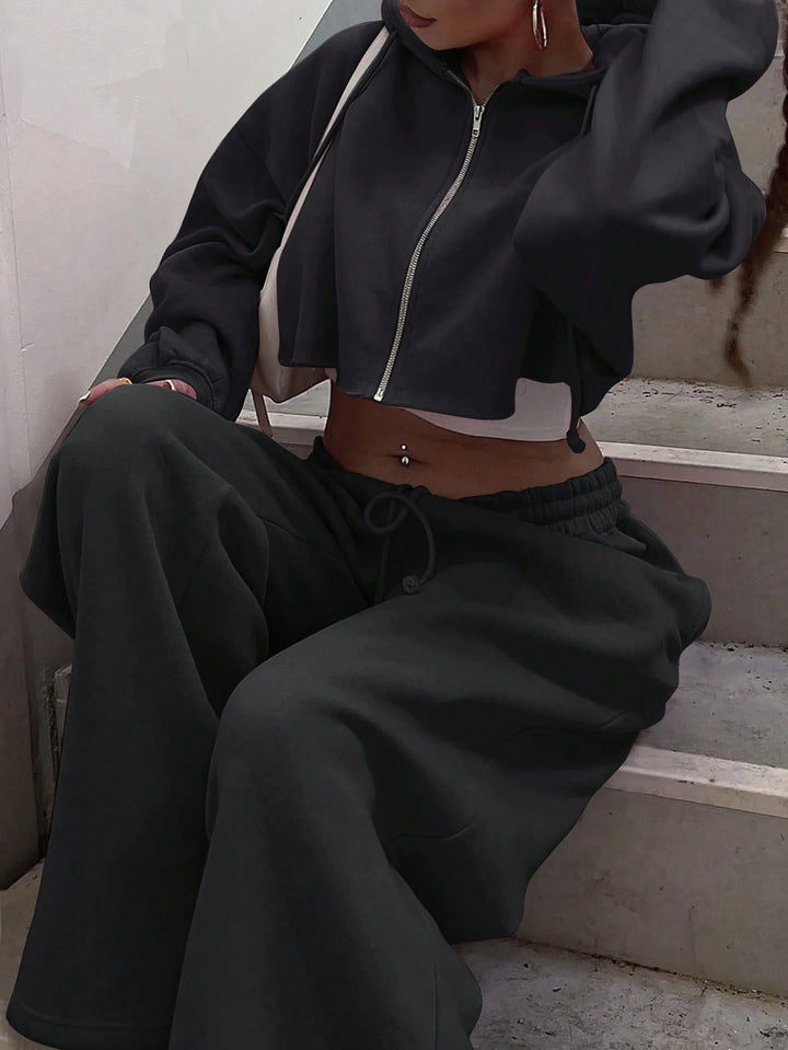 Hooded Zip-Up Cropped Sweatshirt Set - view 2