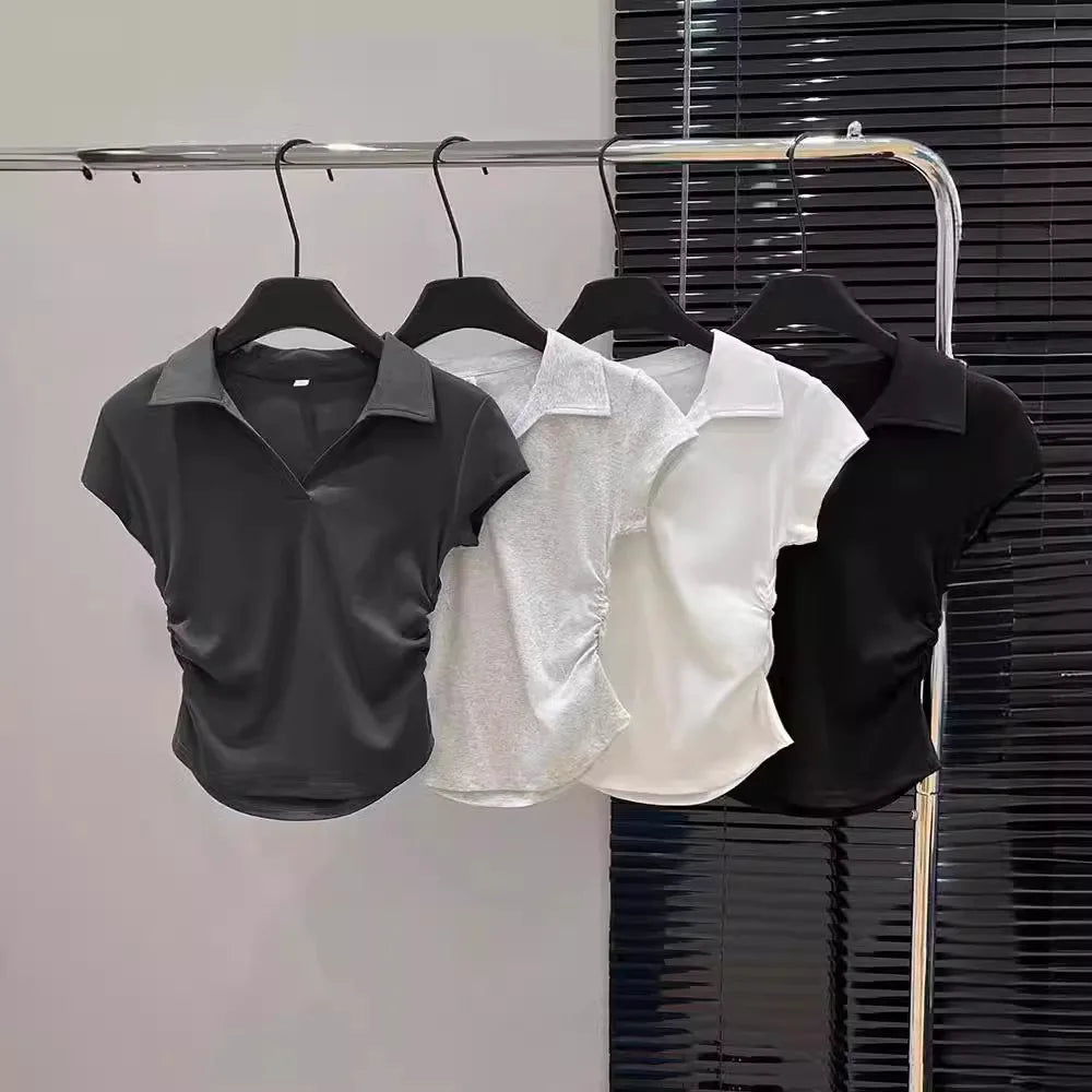 Skinny Cotton Polo Crop Top - view 3