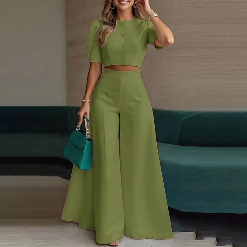 Puff-Sleeve Crop Top & Wide-Leg Pants Set - view 5