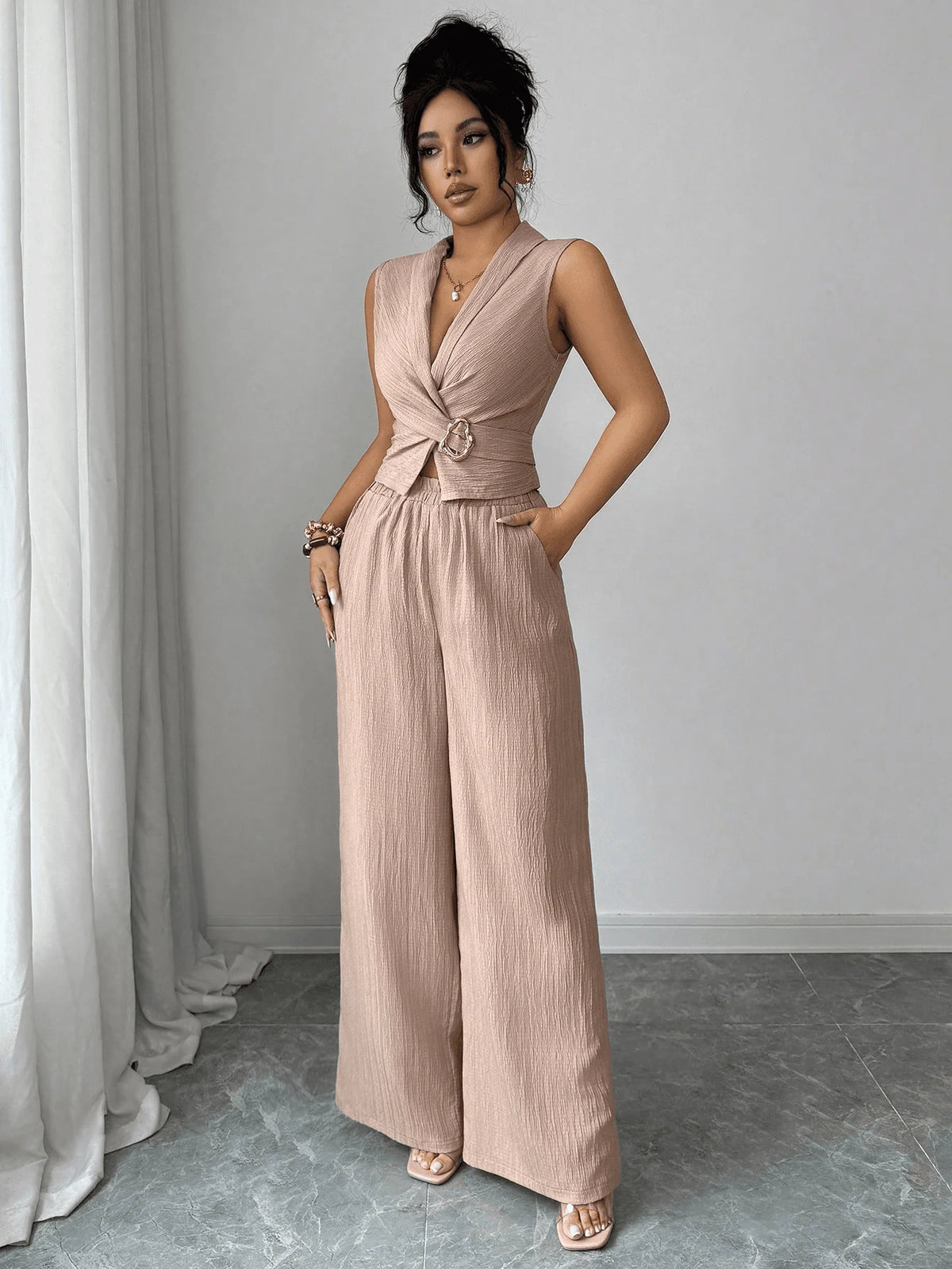 Wrap-Front Crop Top & Wide-Leg Pants Set - view 2