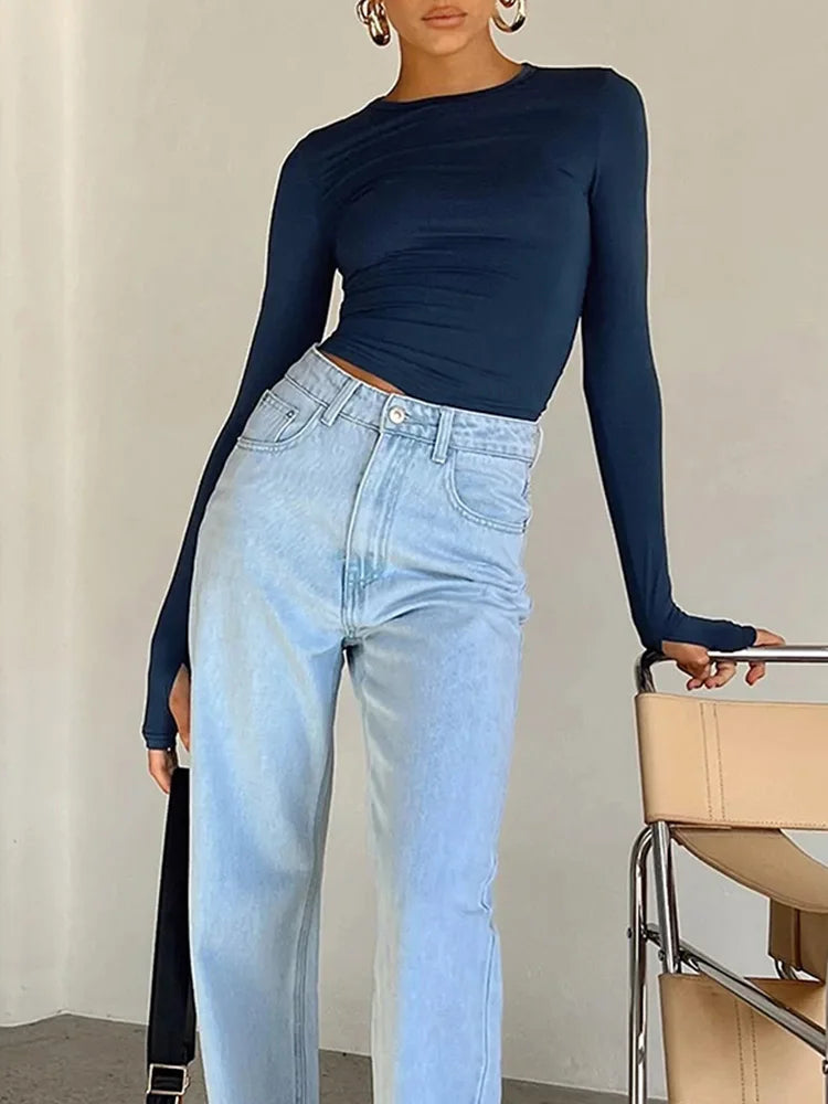 Thumb-Hole Crew Neck Crop Top - view 10
