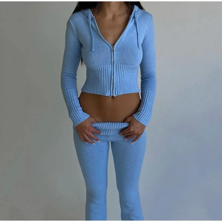 Ribbed Knit Hooded Two-Piece Set - view 2