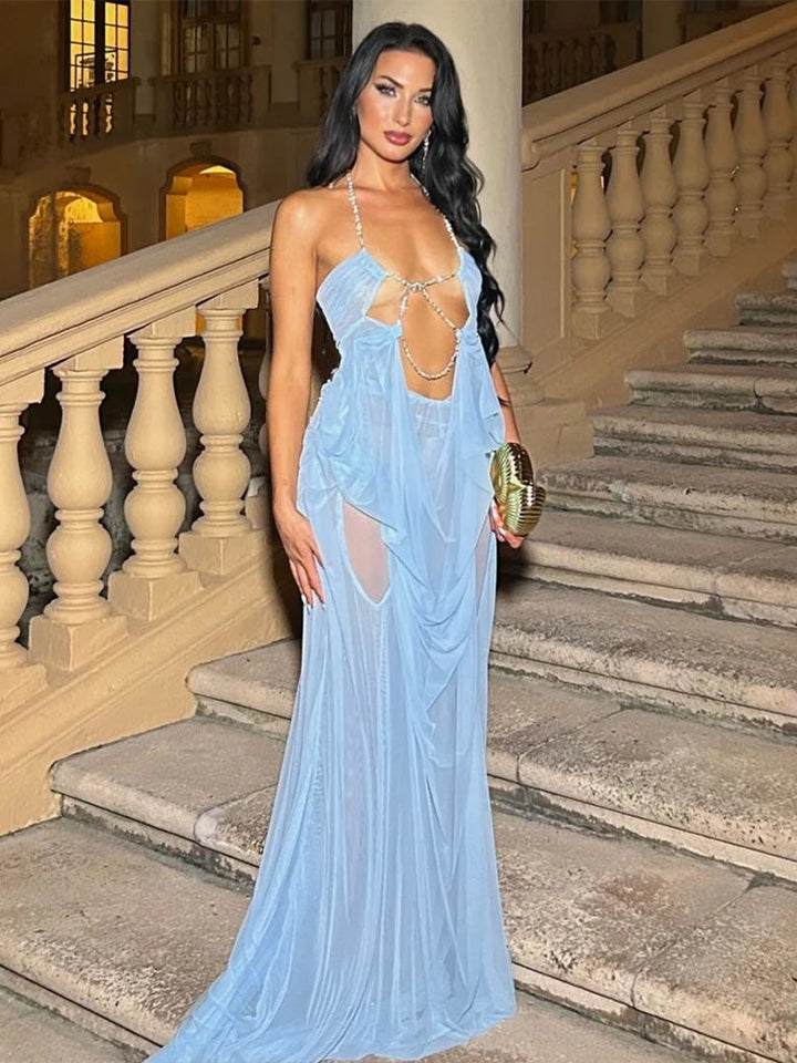 Sheer Chain-Halter Backless Gown