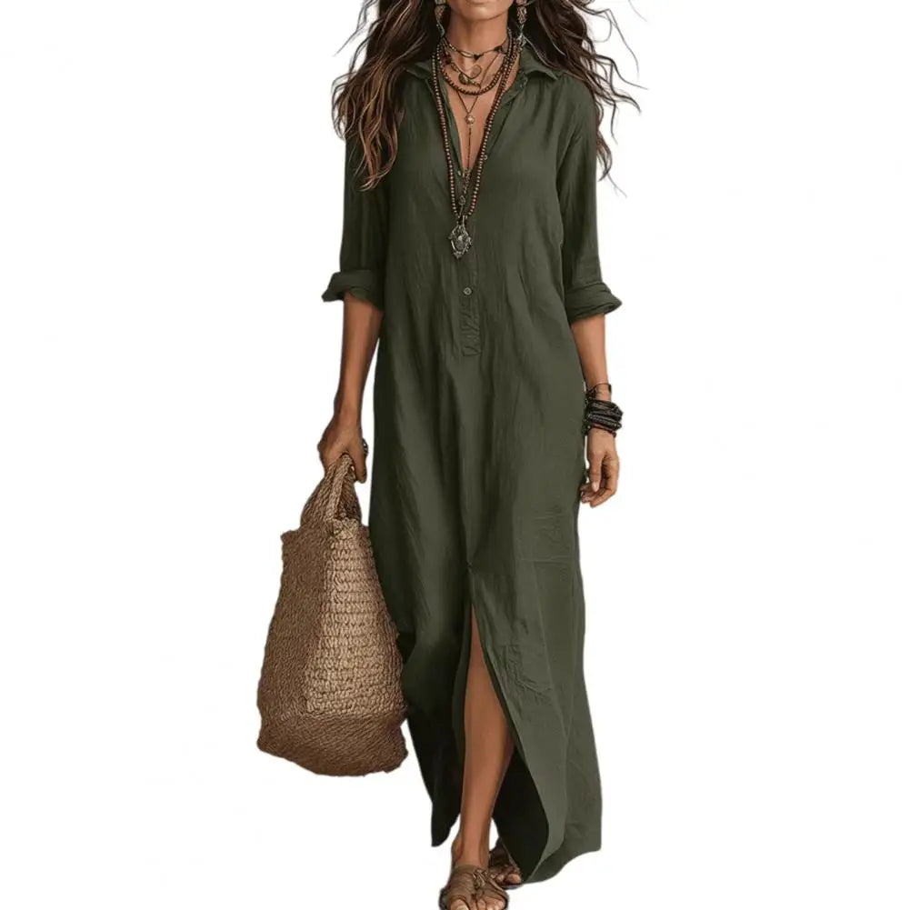 Long-Sleeve Button Maxi Shirt Dress - view 10