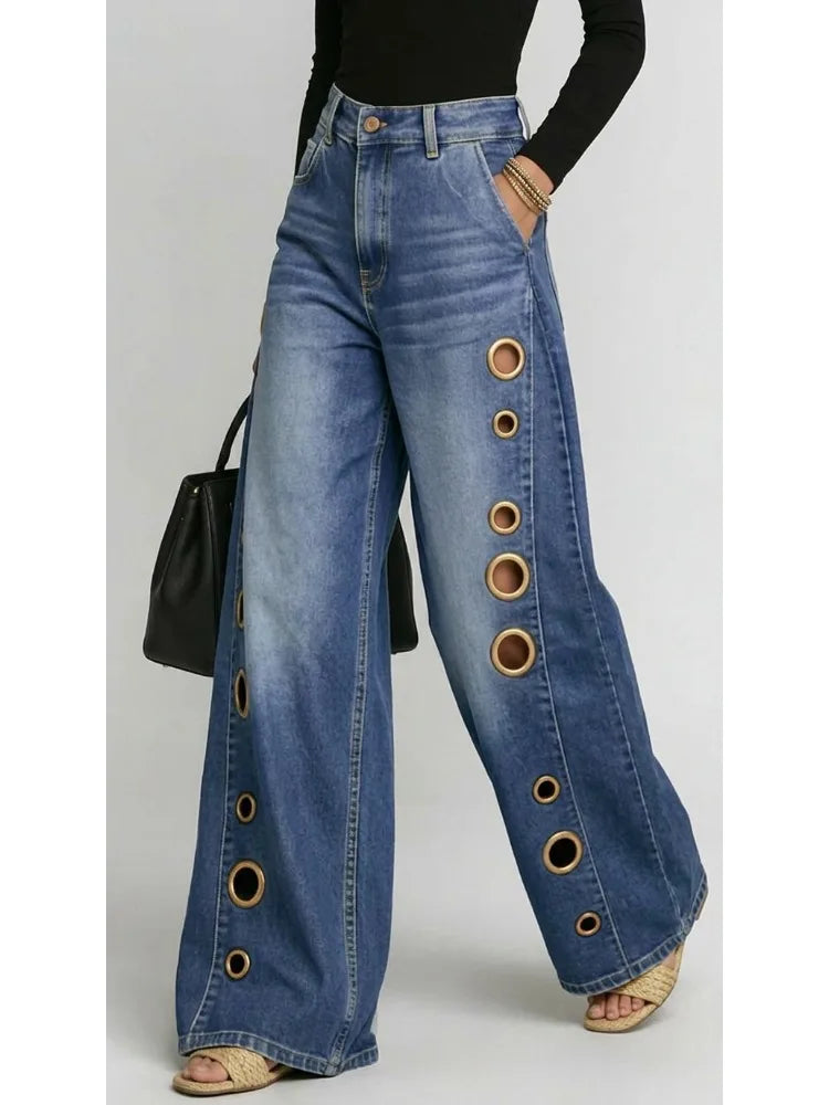 Grommet Wide-Leg Washed Jeans - view 3