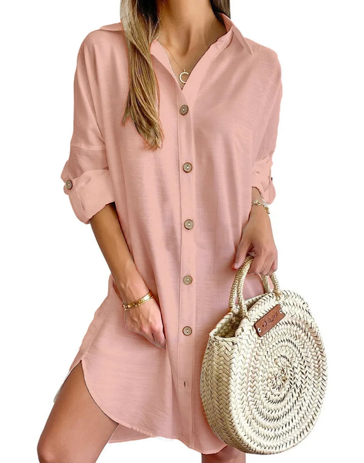Roll-Sleeve Button-Down Tunic Dress - view 2
