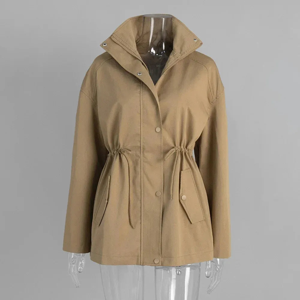 Lace-Up Stand-Collar Trench Jacket