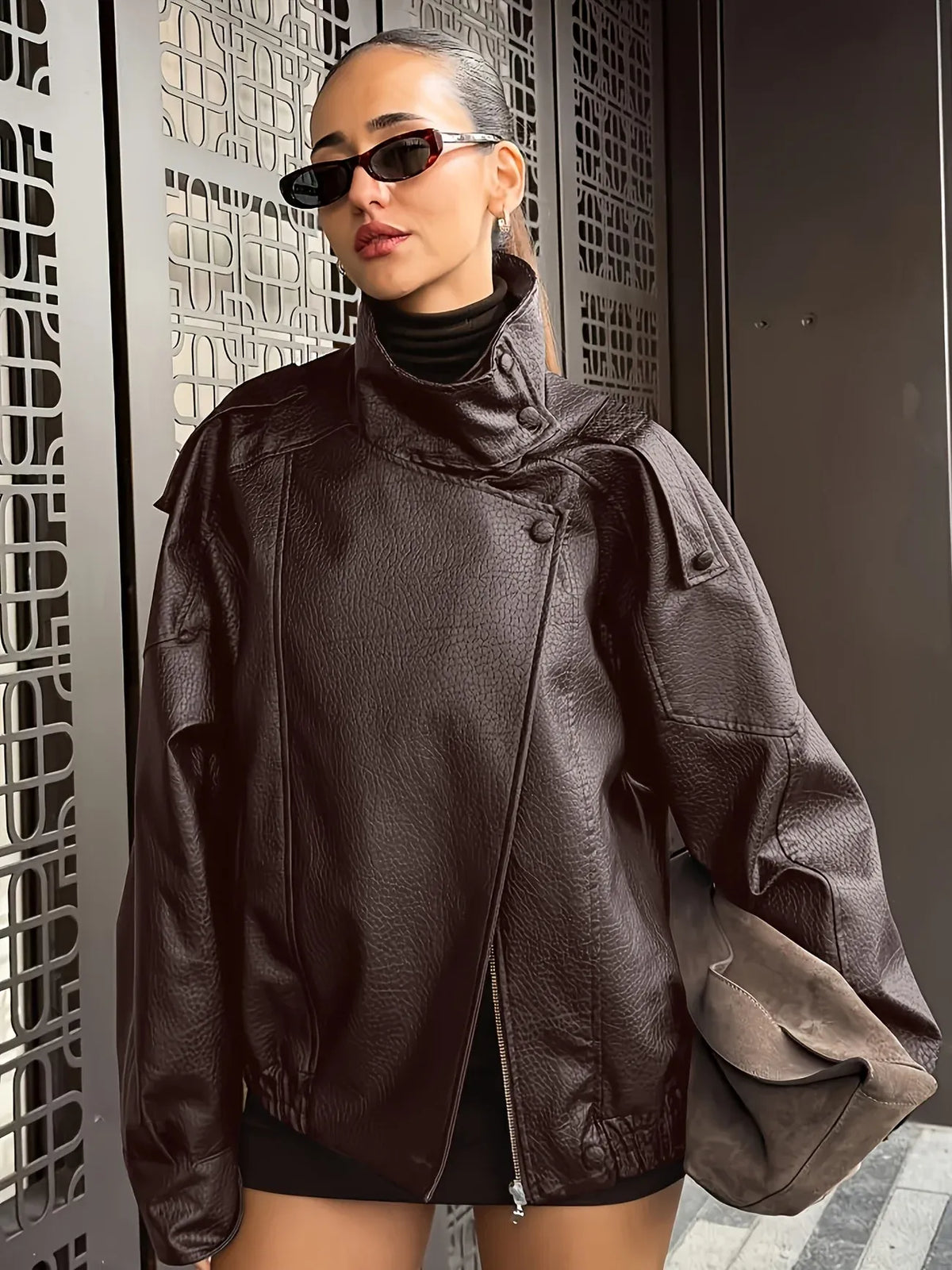 Cropped Faux Leather Bomber Jacket