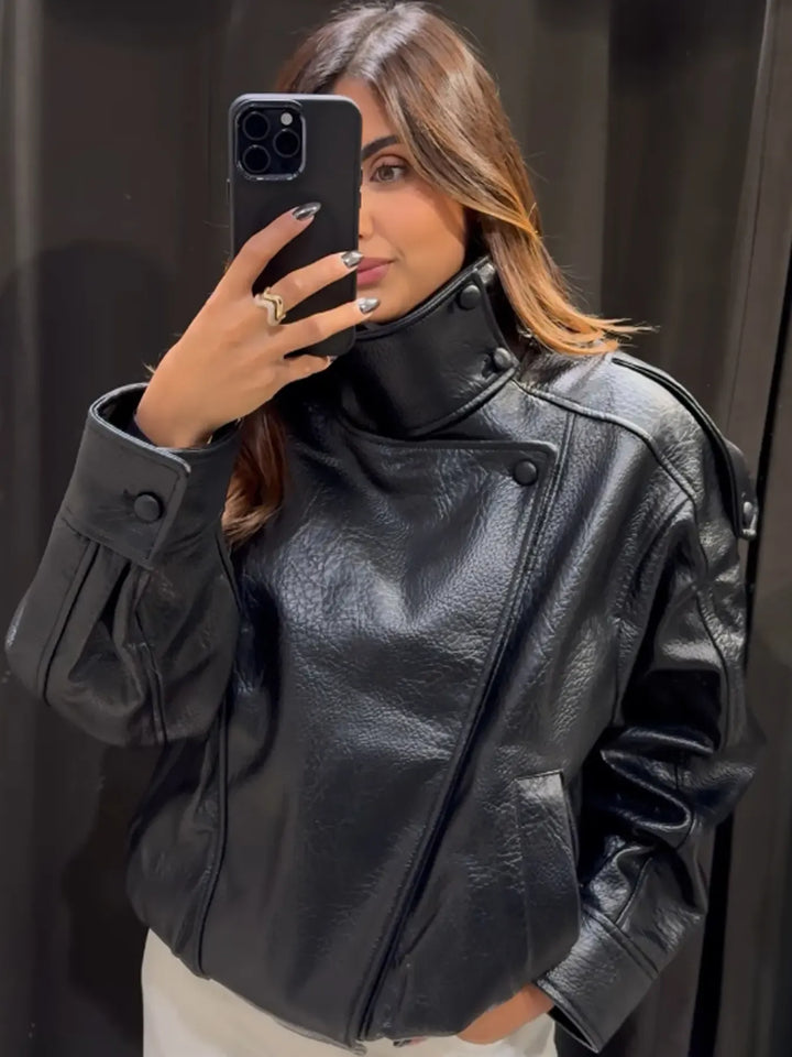 Cropped Faux Leather Bomber Jacket