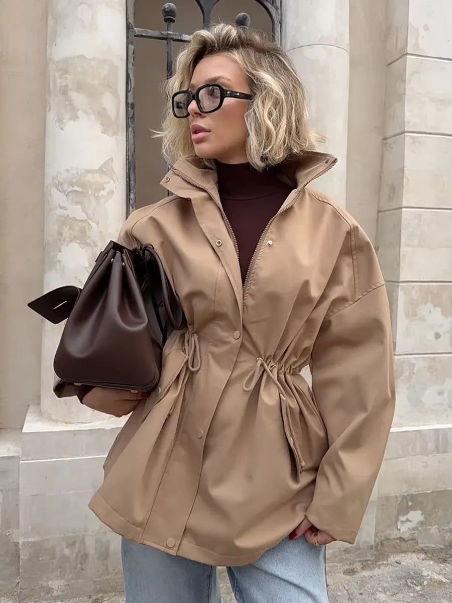 Lace-Up Stand-Collar Trench Jacket
